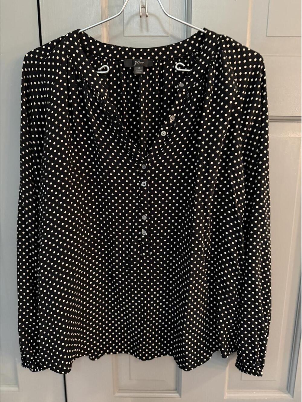 J. Crew Women's Black Blouse with White Polka Dots Size M